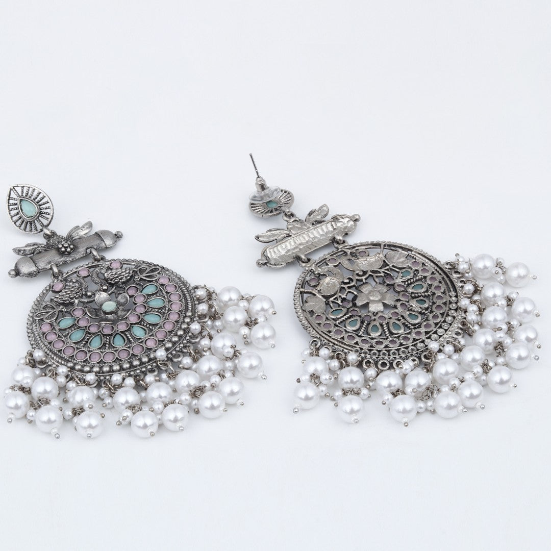 Oxidised Silver Meenakari Peacock Earrings