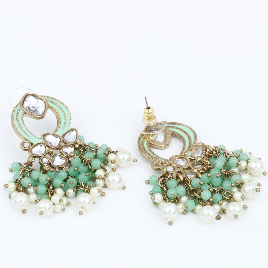 Gold-Plated Meenakari Stud Earrings with Kundan & Pearl Cluster drops - Sage green
