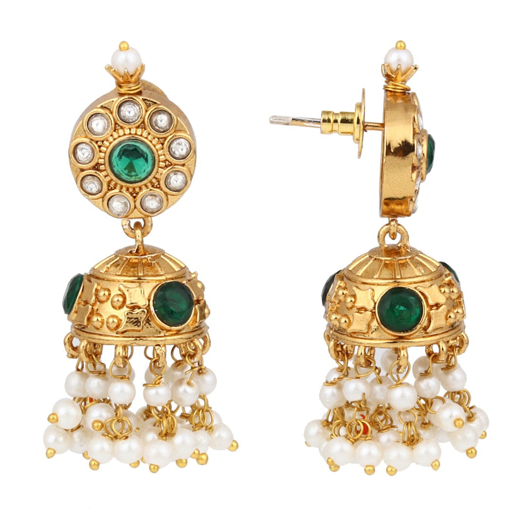 Gold-Plated Kemp Stone Necklace Set with Jhumka Earrings Green