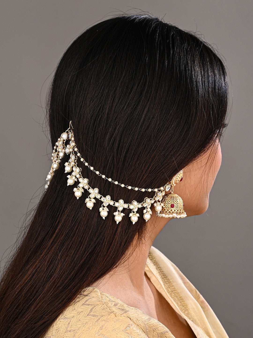 Elegant Gold-Plated Kundan Pearl Delicate Ear Chains