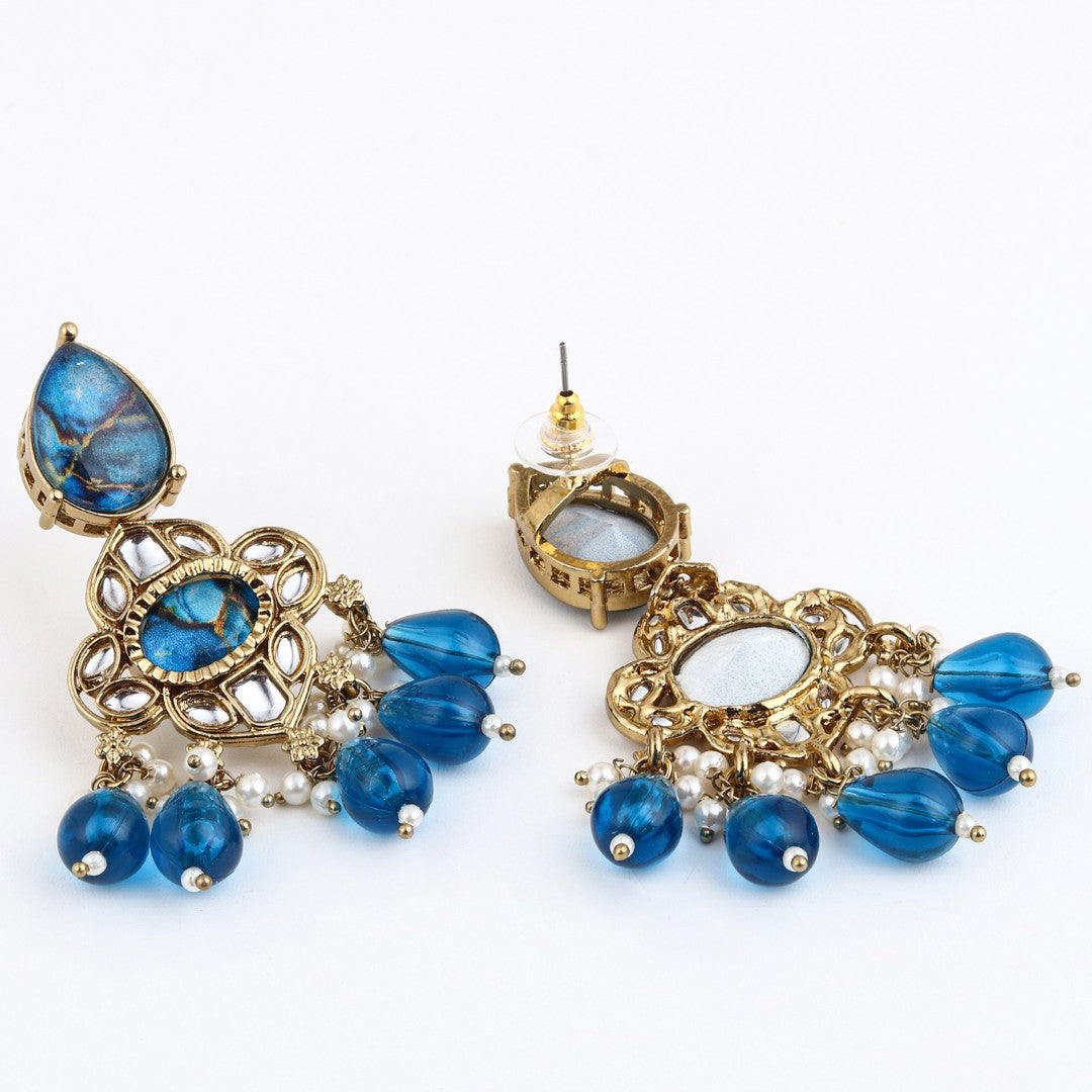 Gold-Plated Blue Kundan Chandelier Earrings with Bead Drops