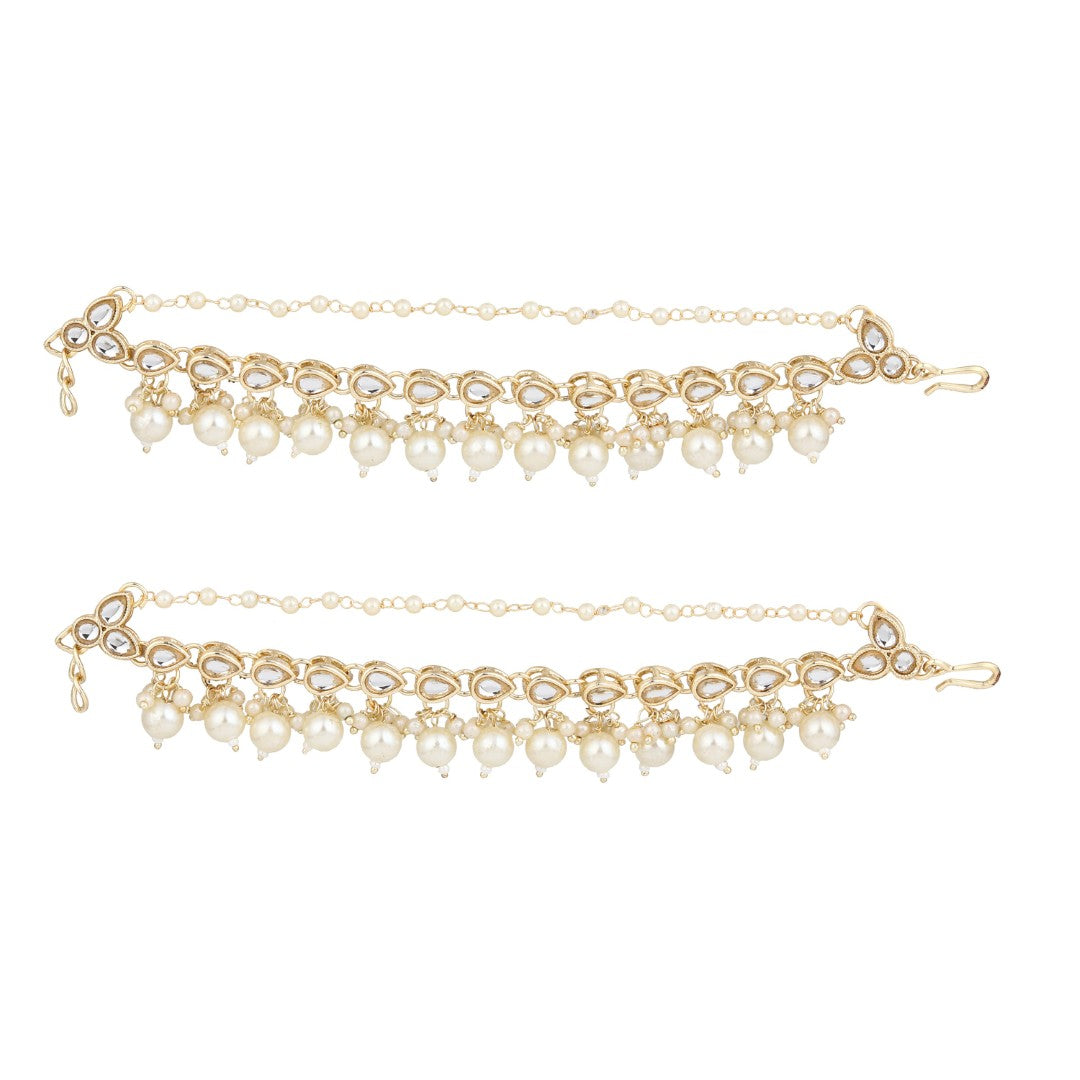 Elegant Gold-Plated Kundan & Pearl Ear Chains