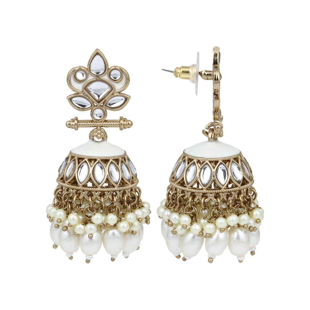 Gold plated Kundan & Meenakari Jhumka Earrings - White