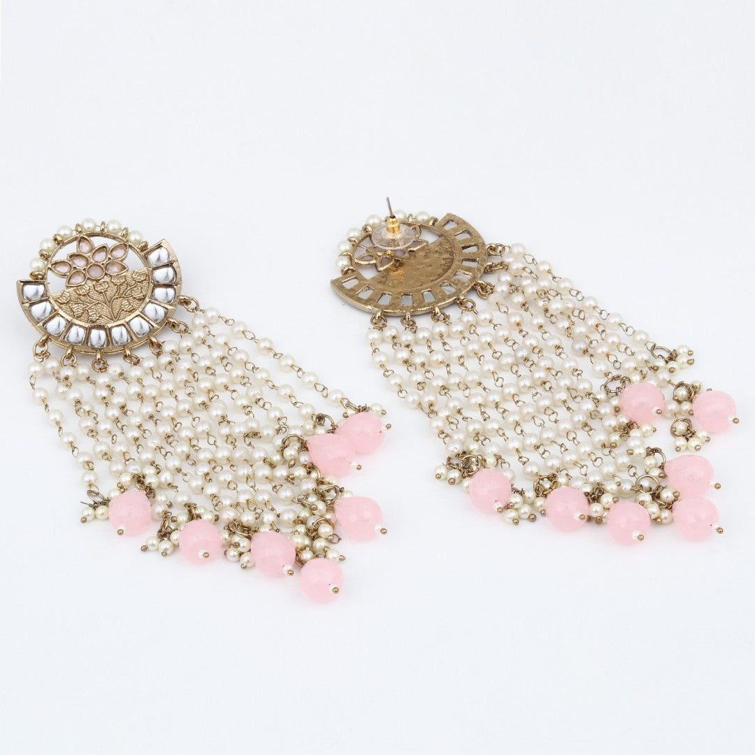 Elegant Pearl & Bead Chandelier Earrings - Pink