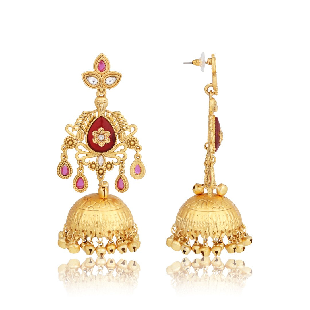 Ruby Red Temple Jhumka Earrings with Ghungroo Drops
