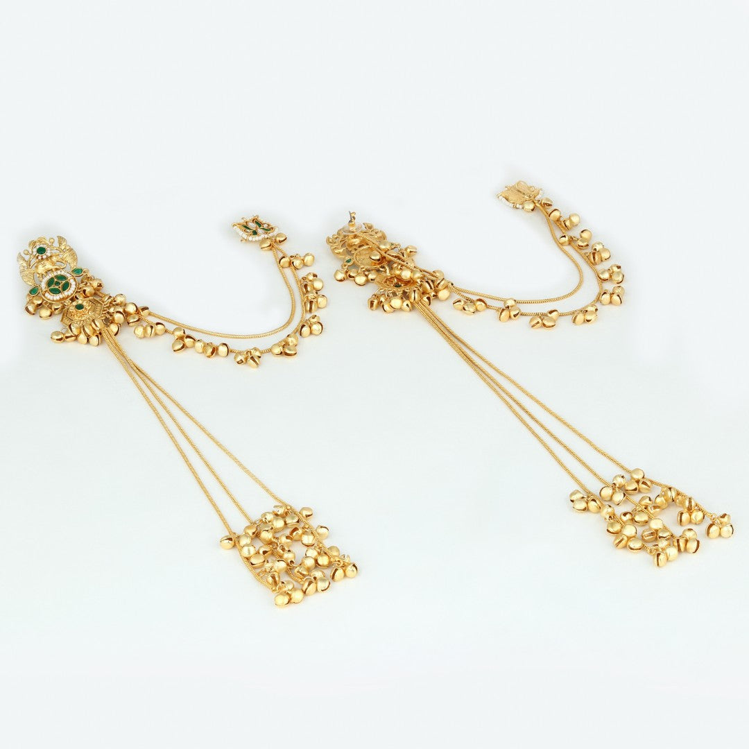 Gold-Tone Kundan & Green Stone Kashmiri Long Chain Earrings