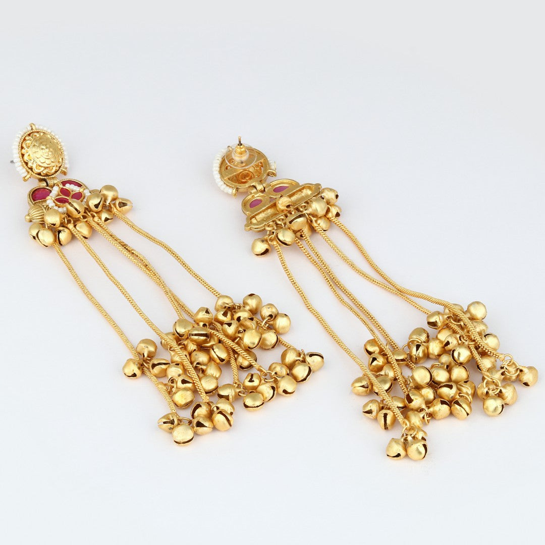Kashmiri Long drop Ghungroo Earring - Red