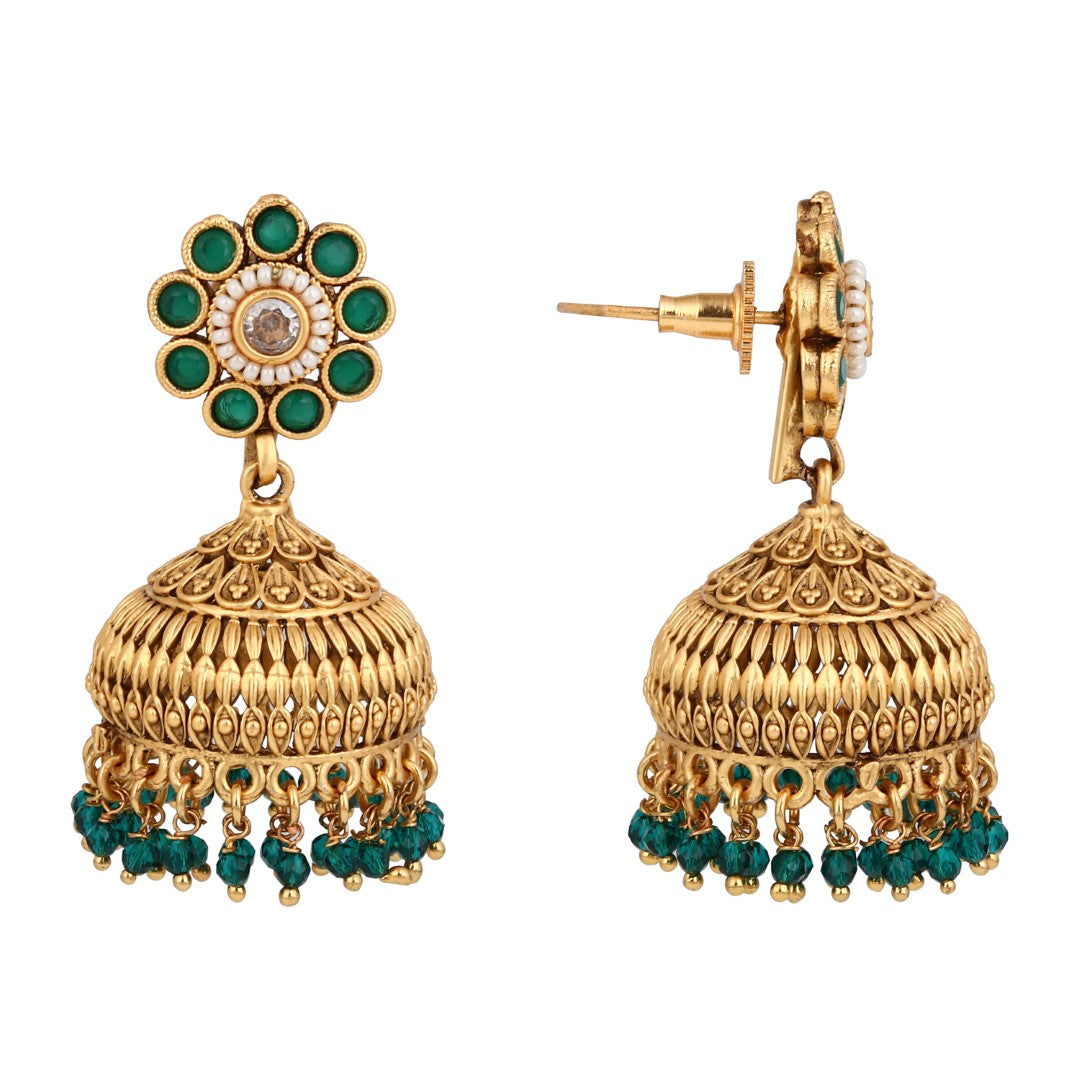 Emerald Bloom Copper Jhumka Earrings