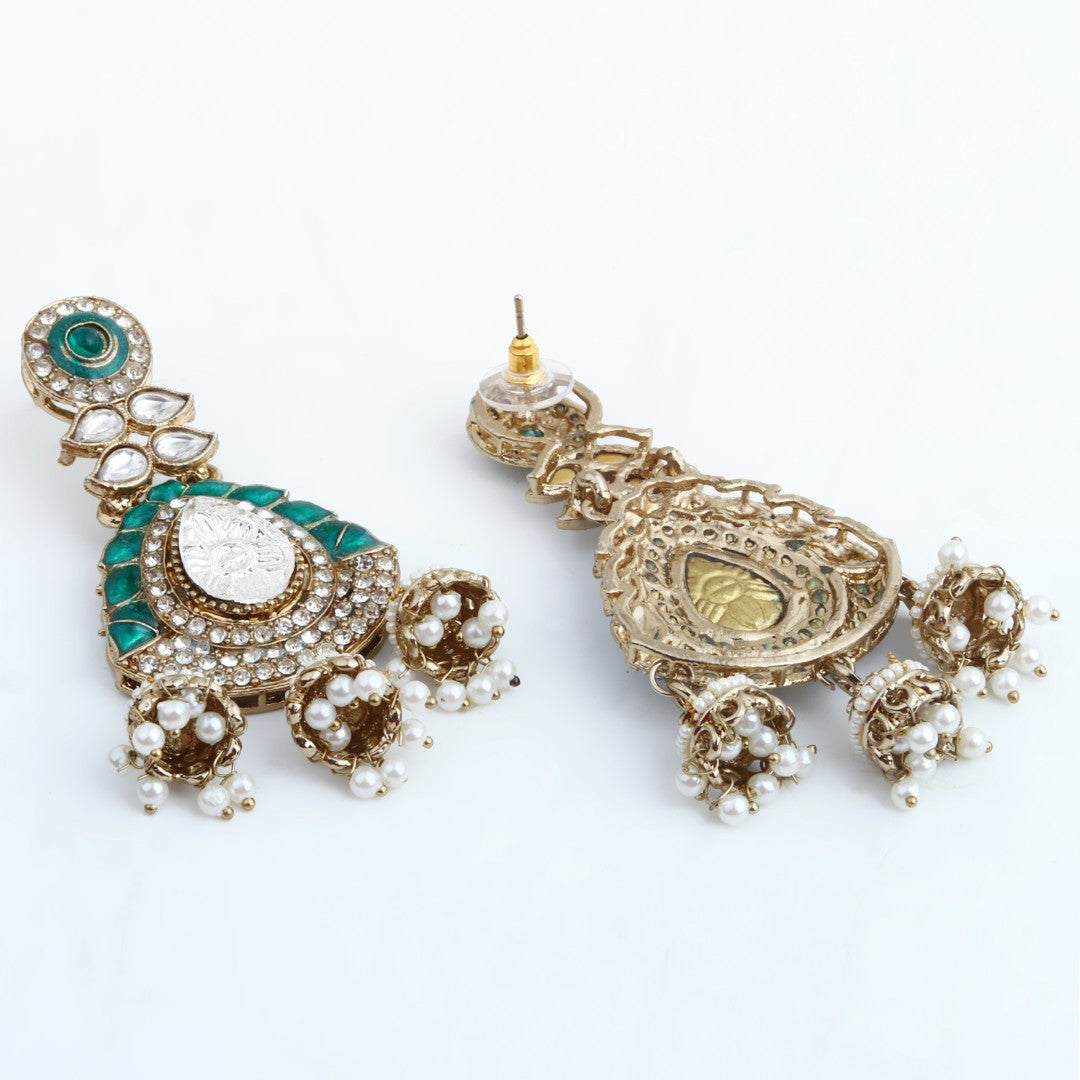 Kundan Chandbali Earrings with Jhumka Drops Green