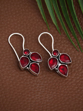 Silver Oxidised finish Red stone work drop earring