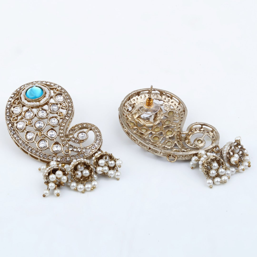 Gold-Toned Paisley Stud Earrings with Stones and Pearl jhumka Drops