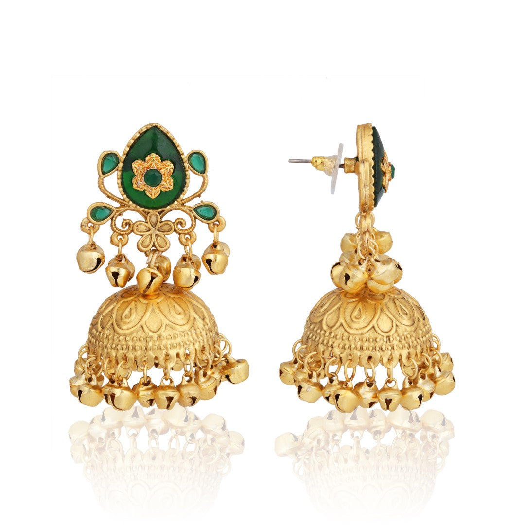 Emerald Temple Jhumka Earrings with Ghungroo Drops