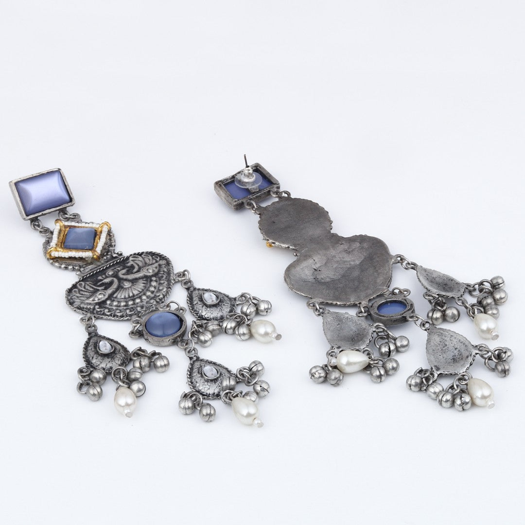 Silver oxydised lightweight long Drop Earring with Blue Stone