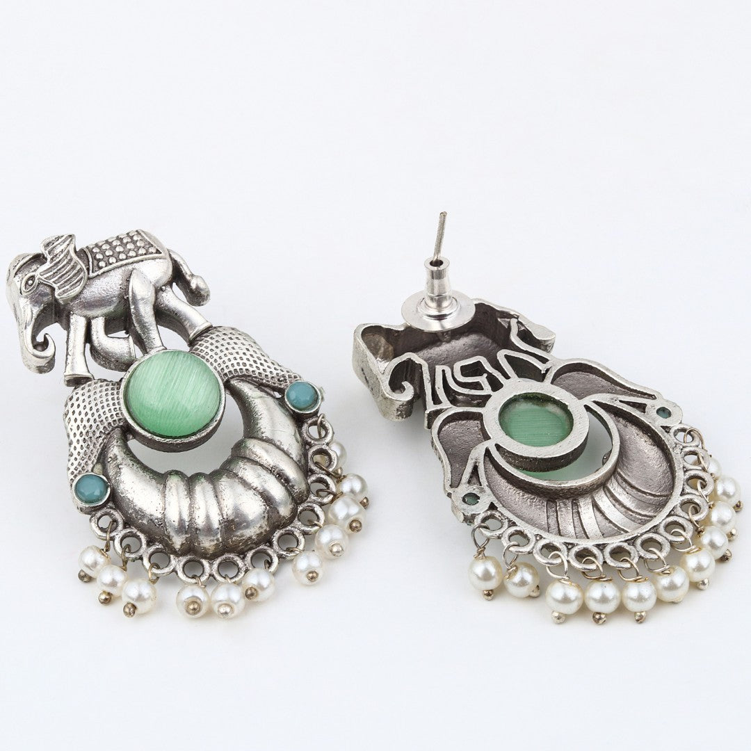 Oxidised Silver Elephant Motif Earrings with Mint Stone