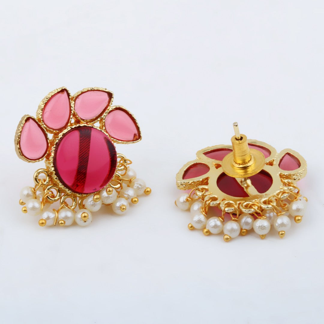 Stone Gold-Toned Earrings with Pearl Drops - Red