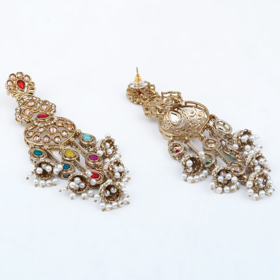 Gold-Toned Multicolour Kundan Chandelier Earrings