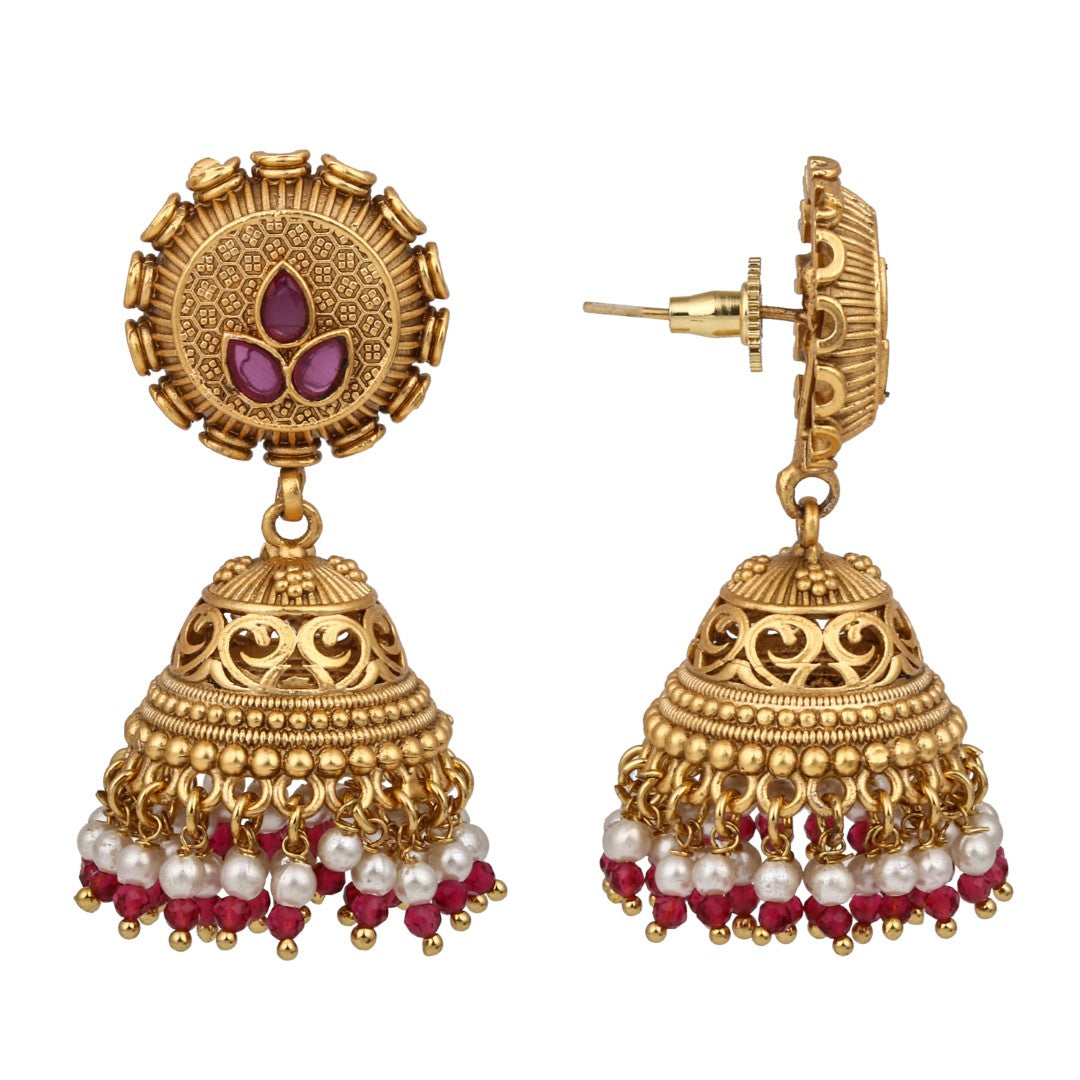 Antique Gold-Plated Temple Jhumka Earrings - Red