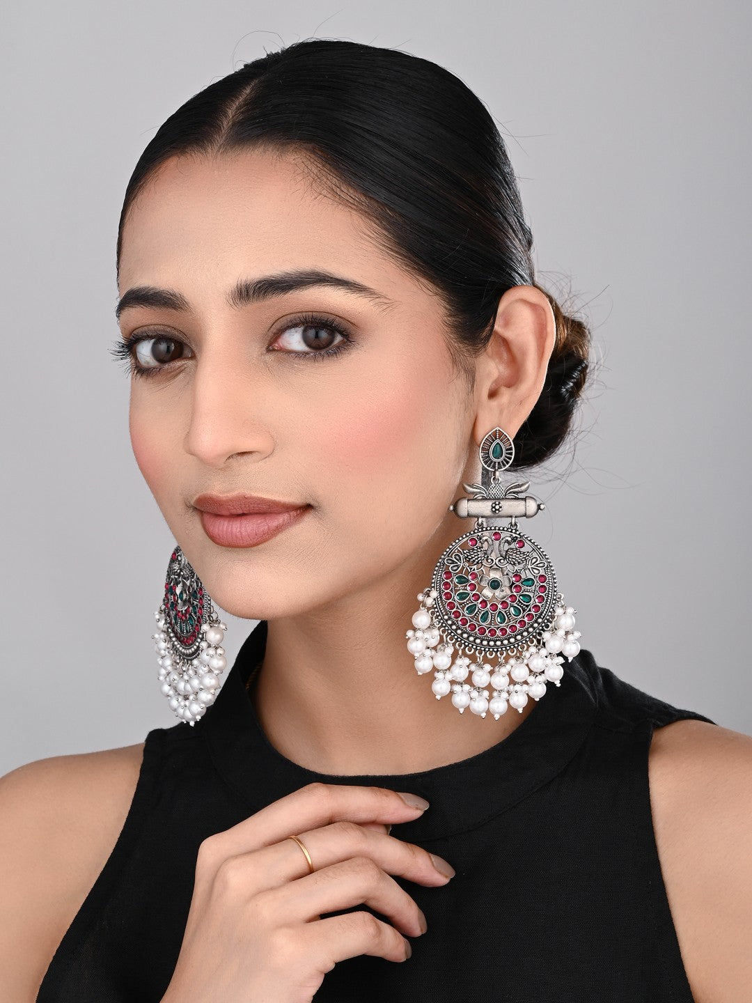 Oxidised Silver Meenakari Peacock Earrings Multi