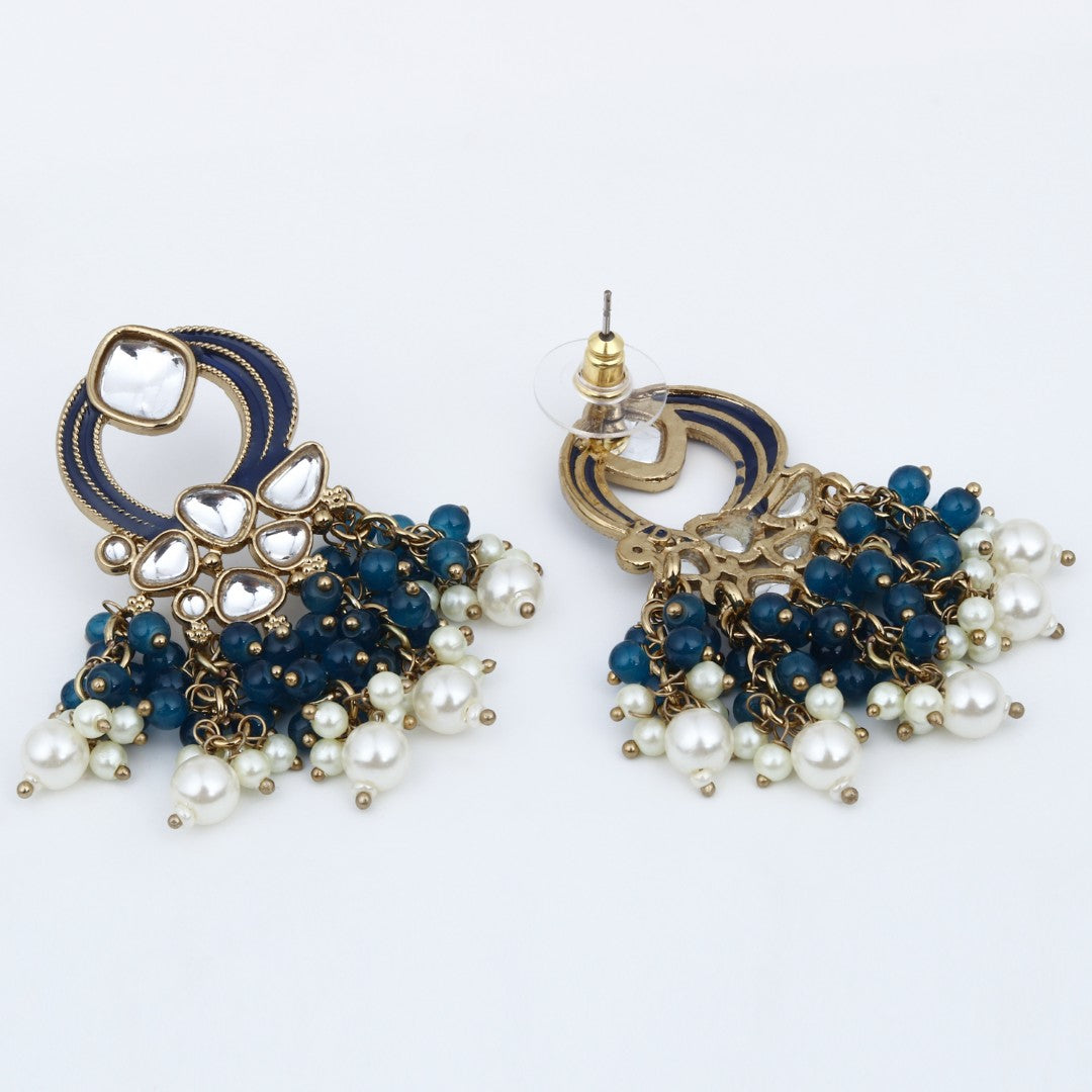 Gold-Plated Meenakari Stud Earrings with Kundan & Pearl Cluster drops - Blue