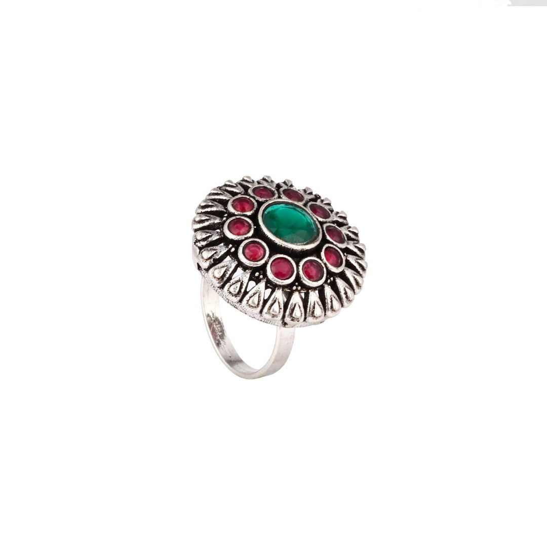 Red & green stone circular adjustable ring