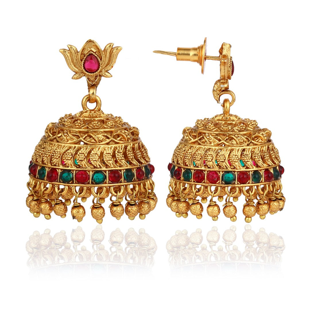 Ruby & Emerald Filigree Jhumka Earrings