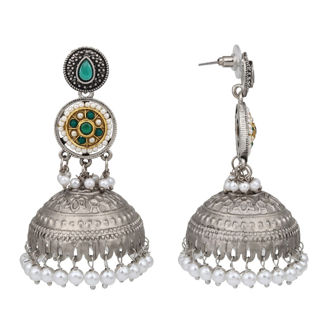 Silver plated long Jhumka - Green