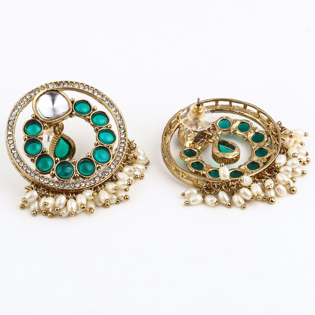 Regal Kundan Pearl Chandbali Earrings - Green