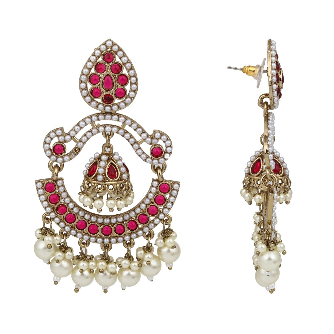 Gold plated Stone & beads chandbali Earring Red