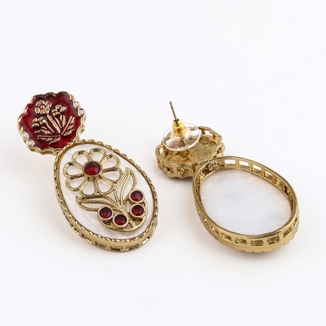 MOP Meenakari Floral Drop Earrings - Red