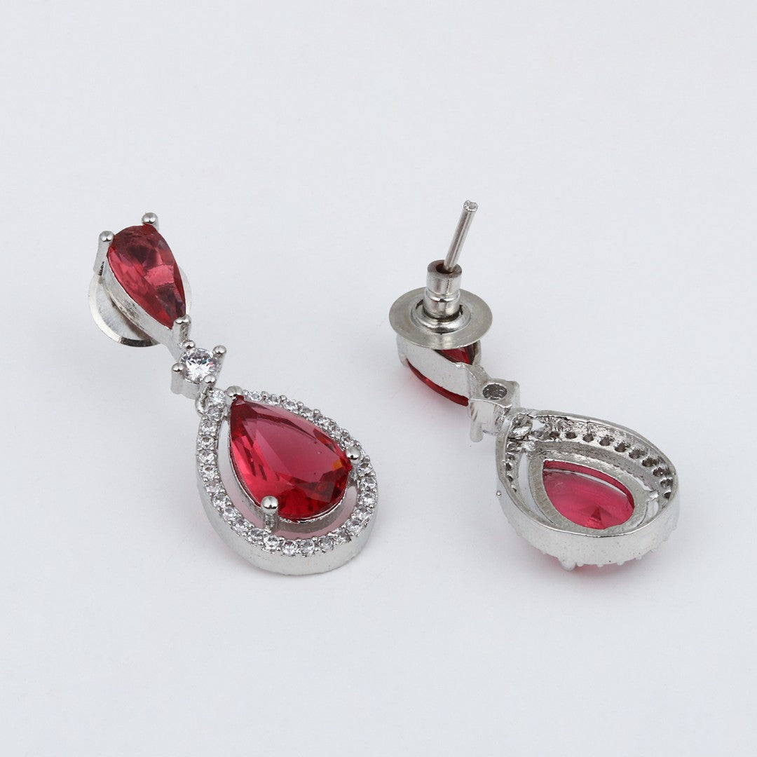 Silver-Tone Ruby Red Teardrop Necklace Set