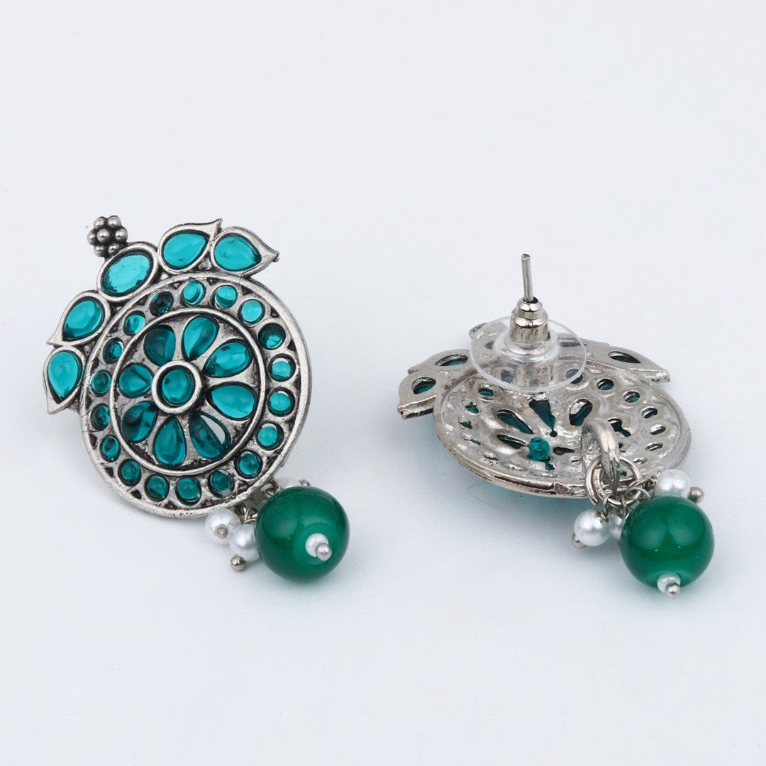 Stones Studded Circular Studs- Green