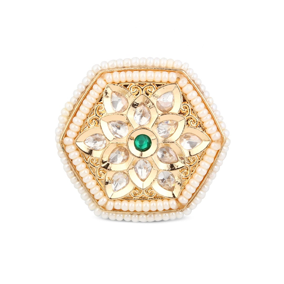 Hexagon Floral Kundan Pearl Brass Ring