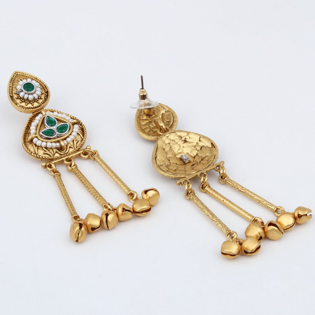 Antique Gold Temple Drop Earrings Green
