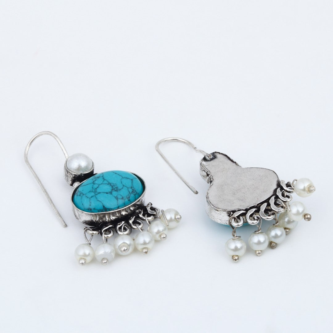 Turquoise Stone Pearl Fringe Drop Earrings