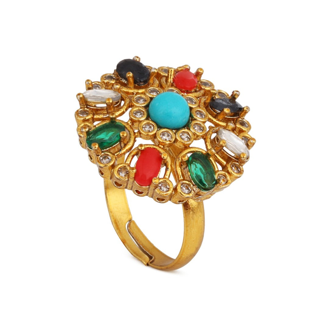 Multicolor Floral Statement Ring – Gold Finish Adjustable Cocktail Ring