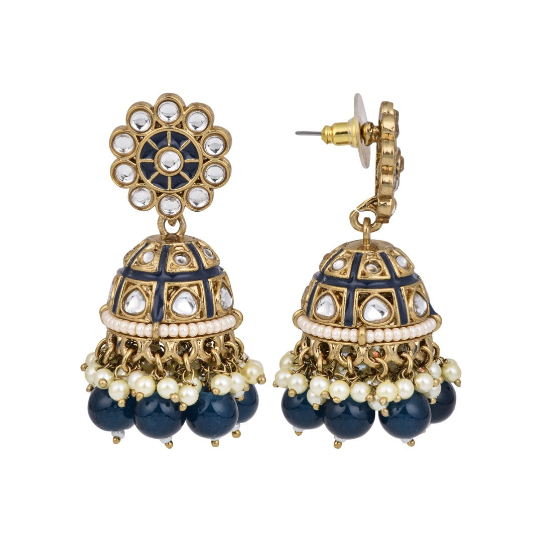Gold plated kundan & Navy Meenakari Jhumka Earring