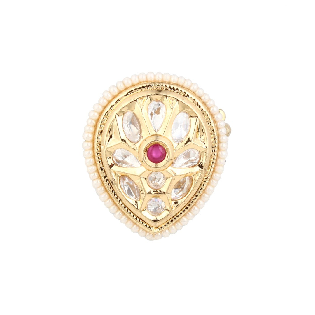 Teardrop Kundan Floral Pearl Brass Ring