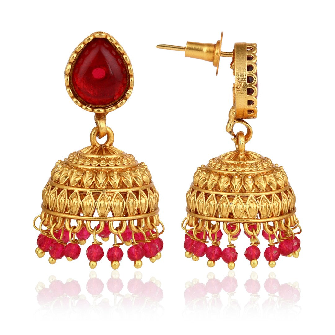 Teardrop Shaped Gold plated Jhumkas Earrings Red