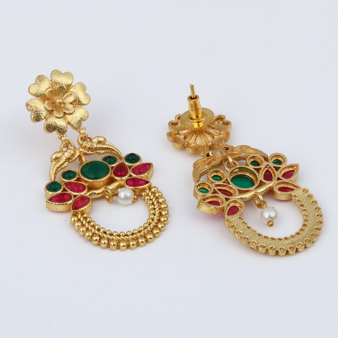 Gold-Plated Drop Earrings with Green & Red AD Stones