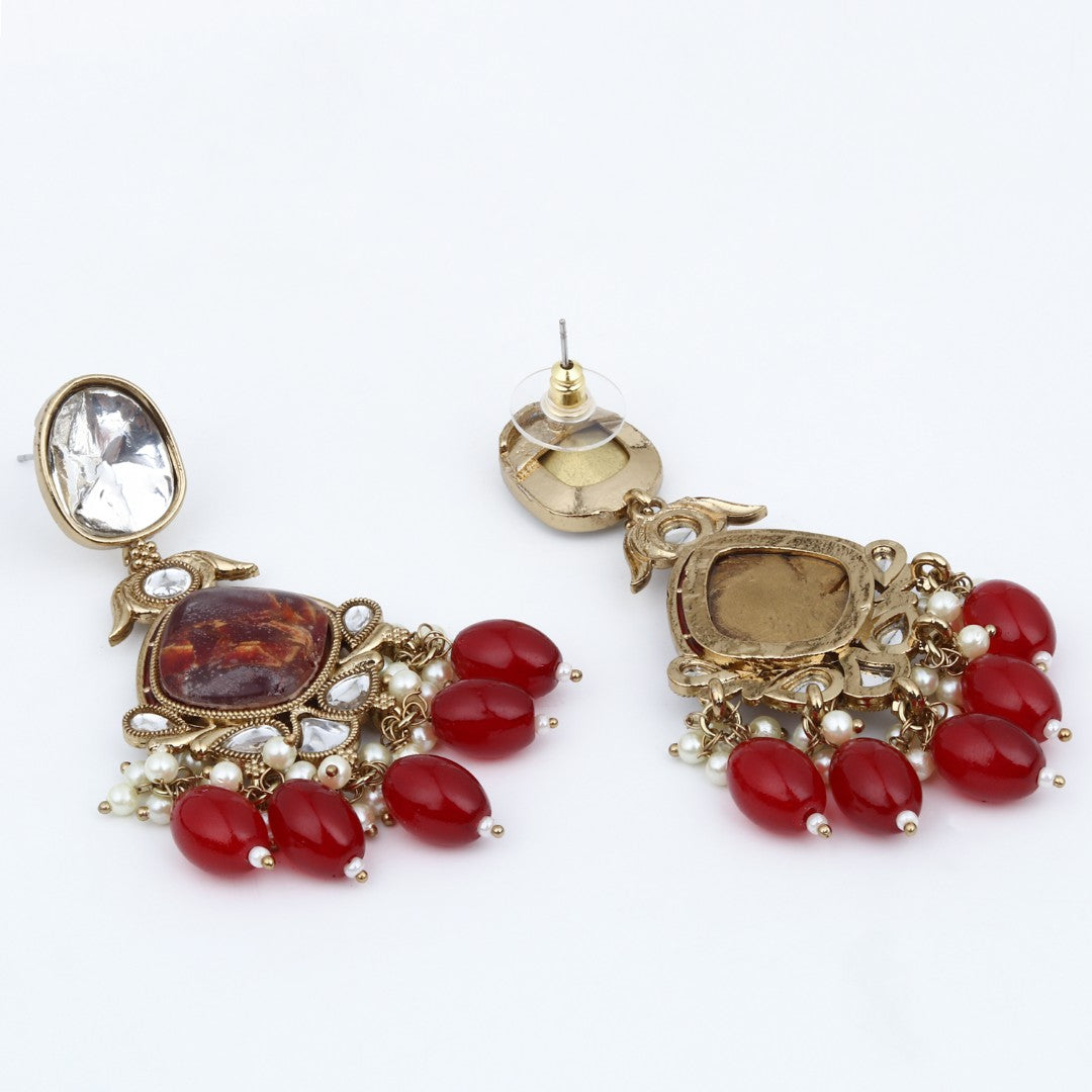 Gold plated two tone Pear shaped stone drop earring - Red
