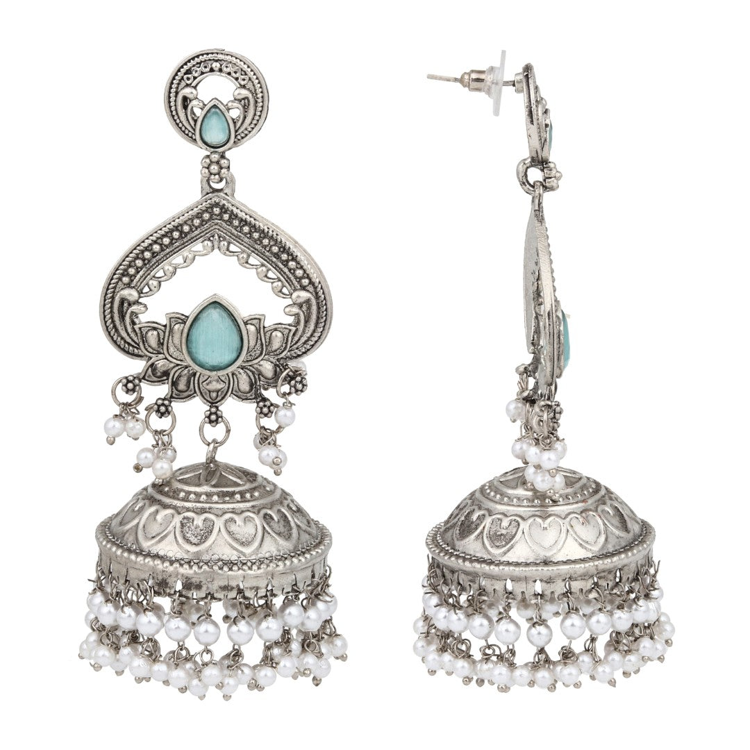 Silver plated long Jhumka - Blue