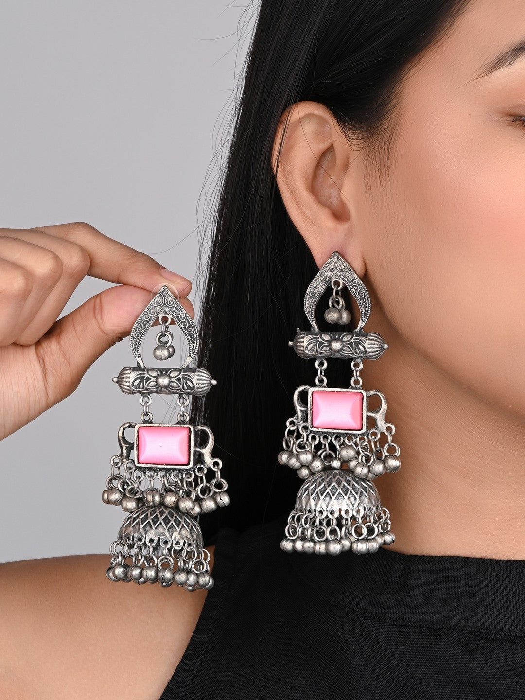 Silver oxydised lightweight long Jhumka with Pink Stone