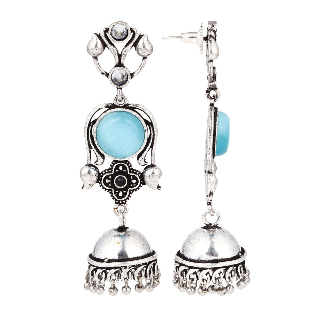 Silver oxydised lightweight long Jhumka Blue