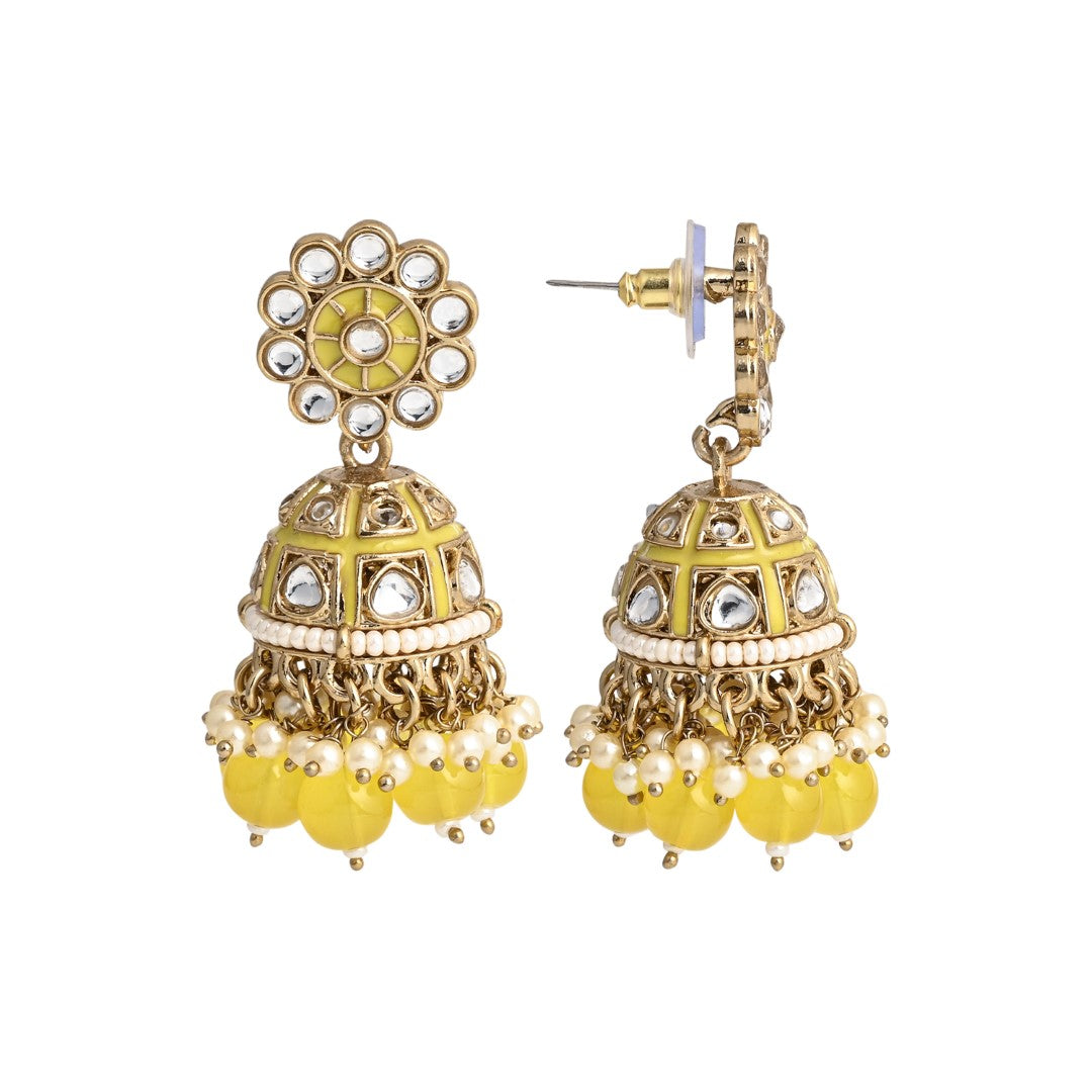 Gold plated kundan & Yellow Meenakari Jhumka Earring