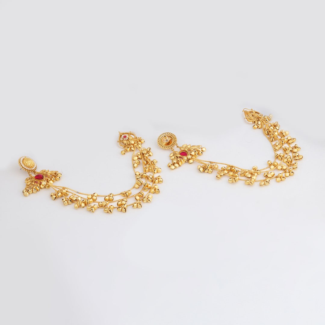 Gold plated Studs Earring with Ear chains Red