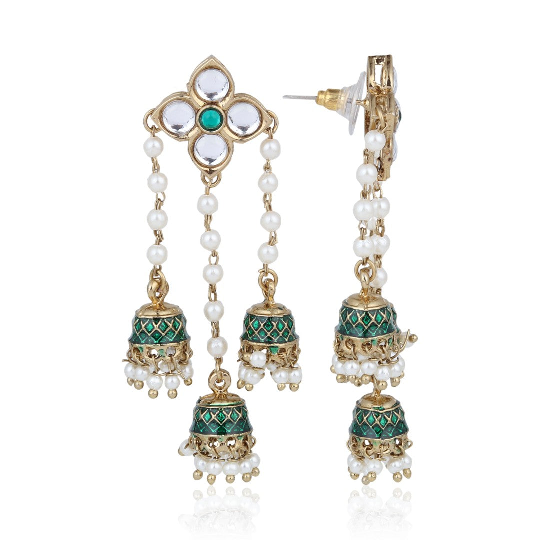 Kundan Pearl Tassel Statement Earrings - Green