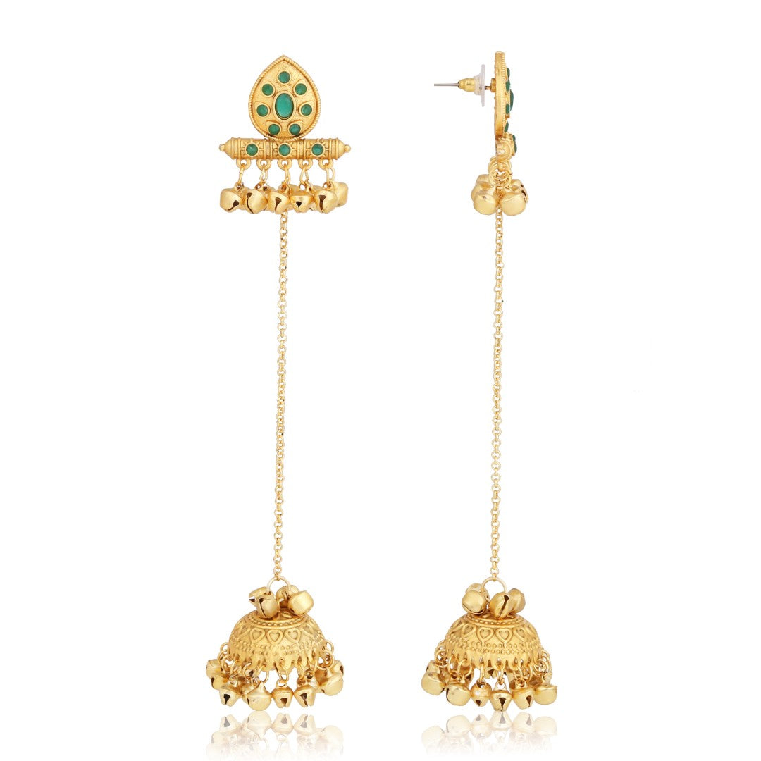 Emerald Temple Jhumka Earrings with Long Chain Tassels