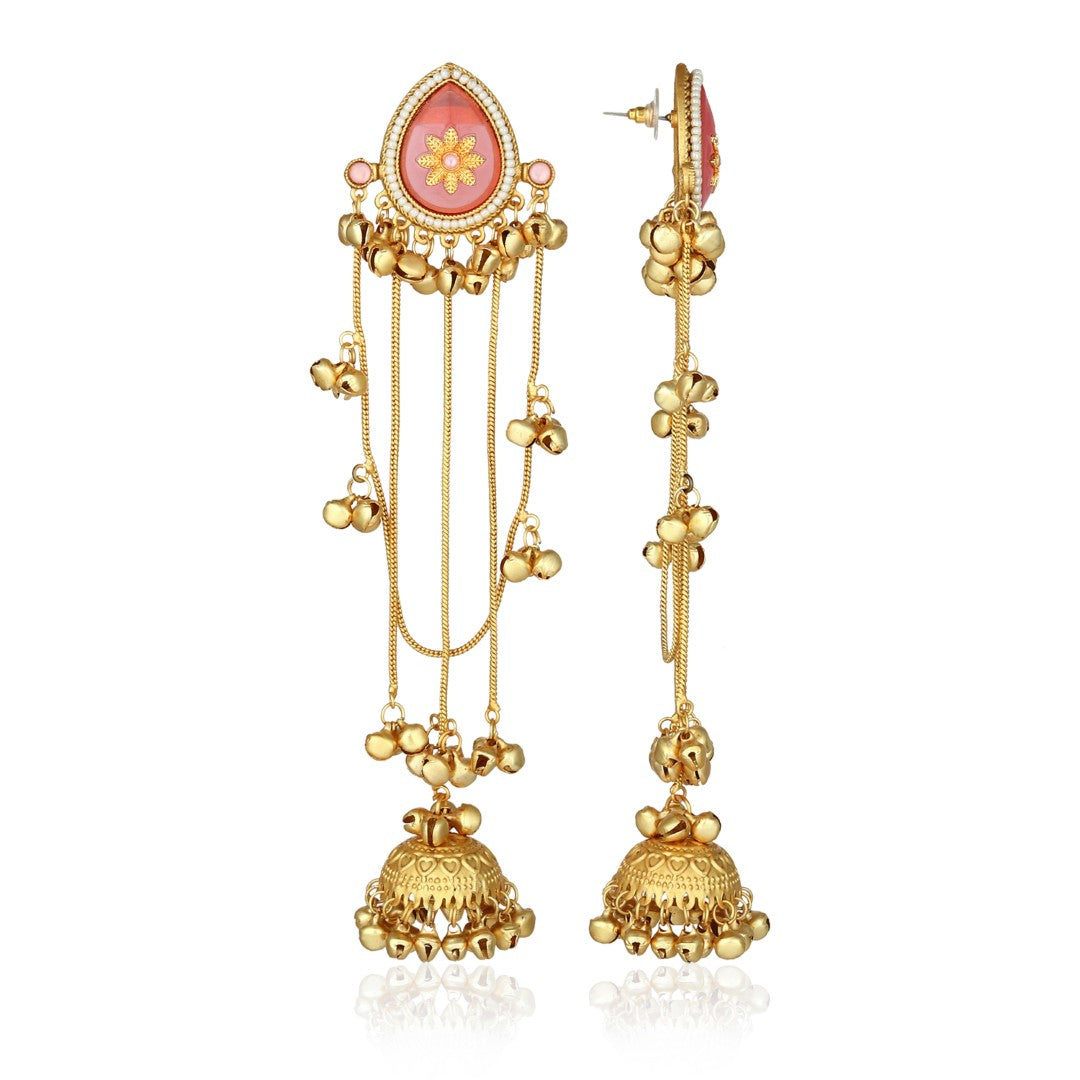 Gold Pink Meenakari Jhumka Drop Earrings