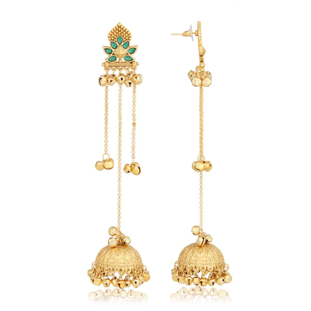 Floral Jhumka Earrings with Ghungroo Chain Tassels green