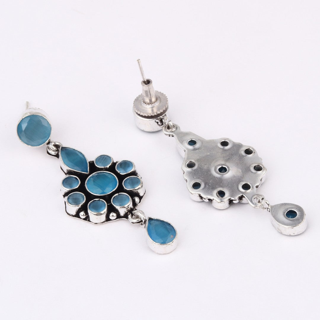 Brass Blue AD Stone Drop Earrings with Floral & Teardrop Design